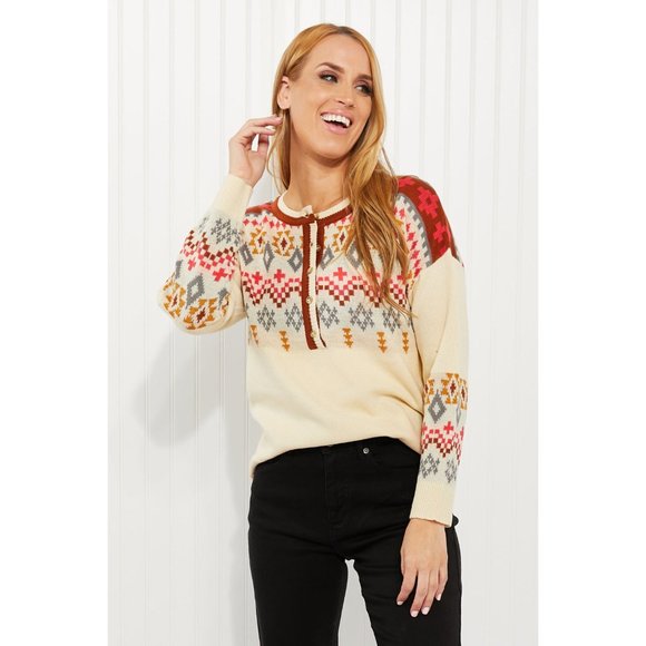 Andree by Unit Full Size Geometric Half-Button Henley Sweater - Picture 1 of 9